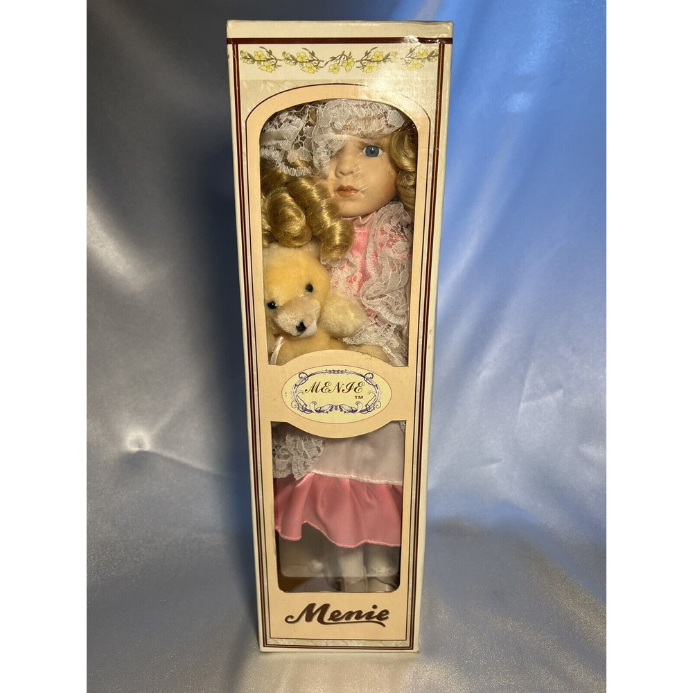Menie Porcelain Doll with Pink Dress, Hat and Teddy Bear by Menie